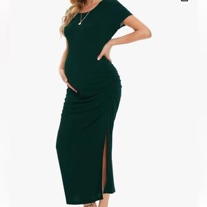 NWT Smallshow Women's Long maxi Maternity Dress Ruched Pregnancy emerald green M